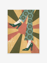 Retro fashion poster of teal patterned trousers and green heeled shoes on a red and yellow sunburst background