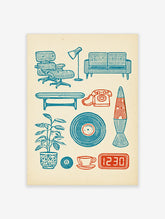 Retro home decor poster with mid-century furniture, rotary phone, vinyl record, lava lamp, and plant in blue and orange
