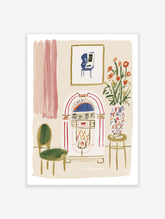 Retro jukebox illustration with green chair and floral vase in a mid century interior scene