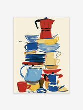 Retro kitchen poster of stacked coffee pots, mugs and plates in red, blue and yellow on cream background