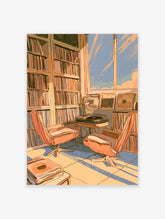 Retro listening room poster with pink swivel chairs, turntable, and vinyl record shelves in a sunlit corner