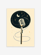 Retro microphone poster with vintage mic, crescent moon, stars, and looping cable on dark circular background