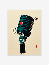 Retro microphone poster with teal and black vintage mic, red centre dot, and sound wave lines on cream background