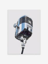 Vintage chrome microphone with ribbed grille and reflective finish on white background, retro music poster art