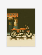 Retro orange motorcycle parked on wet Japanese city street with building and sign in rain