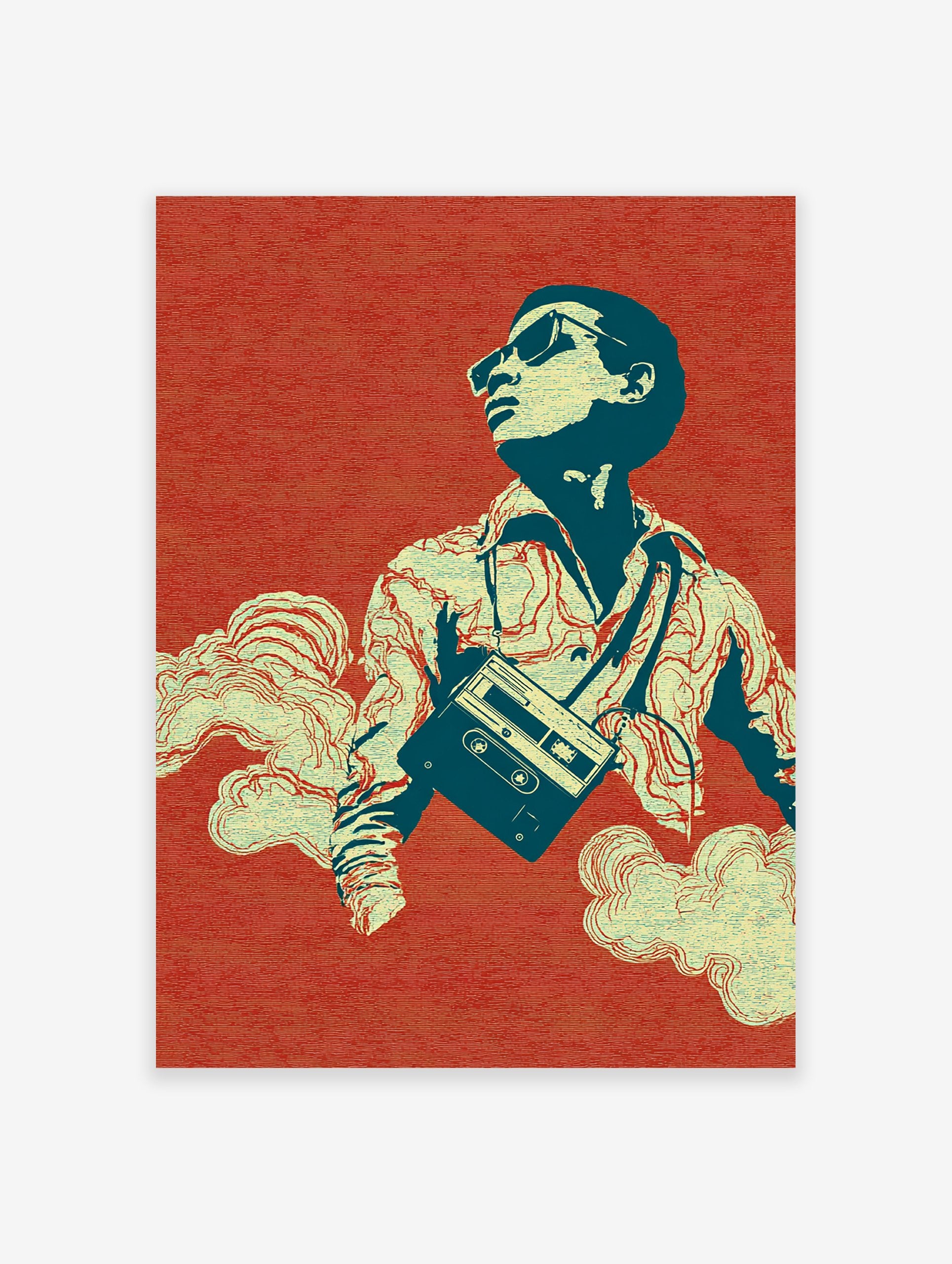 Retro Music Poster of a cool man in sunglasses holding a cassette player, surrounded by clouds on a red background.