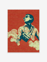 Retro Music Poster of a cool man in sunglasses holding a cassette player, surrounded by clouds on a red background.