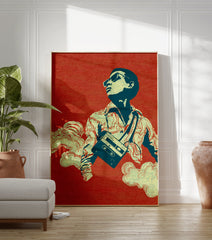 Retro Music Poster of a cool man in sunglasses holding a cassette player, surrounded by clouds on a red background. - Image 3
