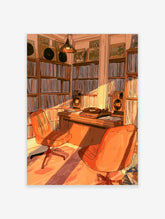 Retro music room illustration with turntable, vinyl records, orange chairs, and warm light