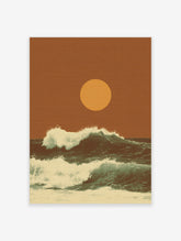 Retro ocean waves crashing with white foam under a large golden sun on an earthy orange background