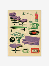 Retro purple lounge chair and footstool with green coffee table, rotary phone, lava lamp, and vinyl record on beige