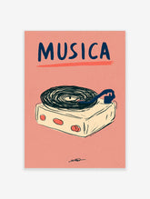 Pink poster with retro record player illustration, black vinyl record, navy tonearm, and 'MUSICA' text in navy blue