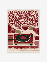 Retro illustrative print of a record player, teacup, and teapot surrounded by botanical leaves in red and cream colours