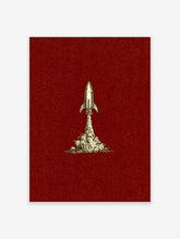 Retro rocket ship poster with cream rocket and exhaust plume on deep red background