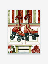 Retro red roller skates wall art with striped background, bench, and pom-poms