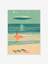 Retro sci-fi beach poster of a surfer with orange surfboard facing a UFO above the sea, with towel and flip-flops on sand