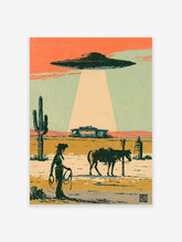 Retro sci-fi poster of a cowboy, horse and UFO beam over a desert cabin with saguaro cactus