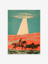 Retro sci-fi poster of a cowboy on horseback with cattle under a UFO beam on an orange plain