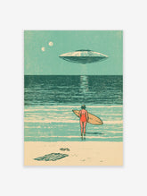 Retro sci-fi poster of a surfer in a red swimsuit holding a surfboard, facing a UFO over a teal ocean with two moons