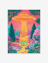 Retro sci-fi UFO poster with flying saucer beaming up goldfish bowl in pink forest