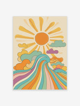 Retro sun with orange rays and colourful flowing rainbow-like waves and clouds illustration