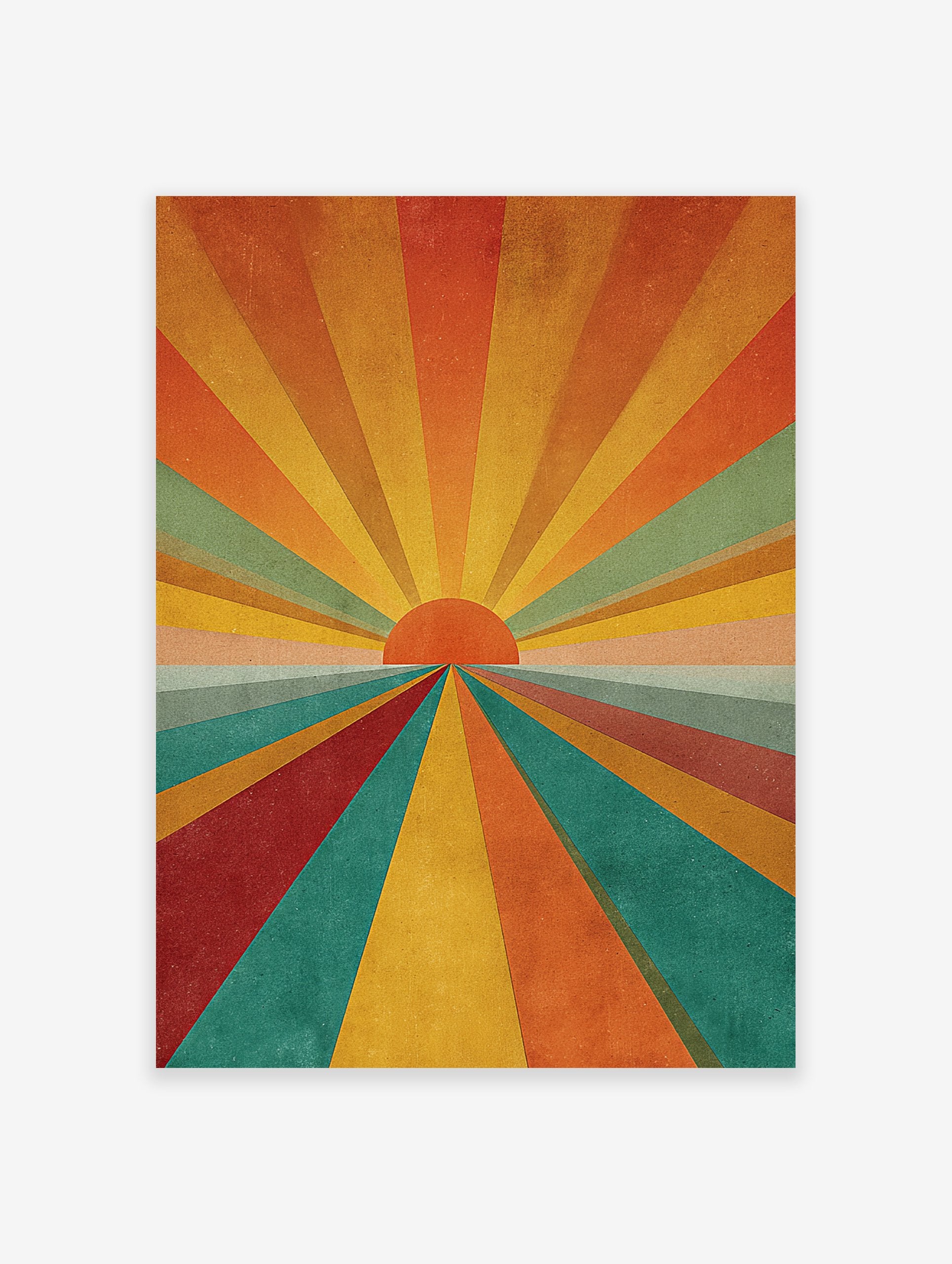 Abstract sunburst art print with retro multi-color rays and a central orange sun on a textured background.