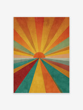Abstract sunburst art print with retro multi-color rays and a central orange sun on a textured background.