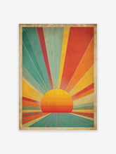 Retro sunset illustration with radiating colorful rays of orange, yellow, red, and teal on a textured background.