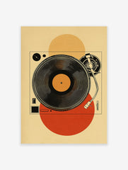 Minimalist retro turntable poster with a black vinyl record and tonearm, set against a beige background with orange and red circles.