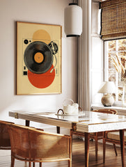 Minimalist retro turntable poster with a black vinyl record and tonearm, set against a beige background with orange and red circles. - Image 2