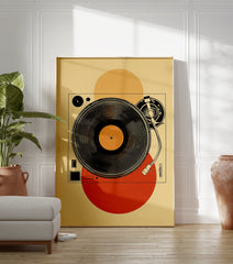 Minimalist retro turntable poster with a black vinyl record and tonearm, set against a beige background with orange and red circles. - Image 3