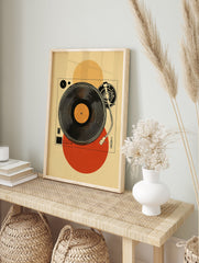 Minimalist retro turntable poster with a black vinyl record and tonearm, set against a beige background with orange and red circles. - Image 4
