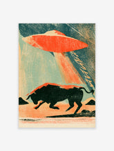 Retro sci-fi poster of a black bull under an orange UFO beaming light in a teal and beige landscape