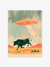 Retro UFO and bull poster with dark charging bull and orange flying saucer over desert