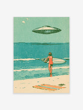 Retro UFO beach poster with surfer holding surfboard under flying saucer, teal sky