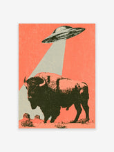 Retro UFO bison print with saucer beaming light onto a dark bison in a coral desert landscape