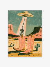 Retro UFO poster beaming up pink cowboy boots in a desert with cactus and horseshoe