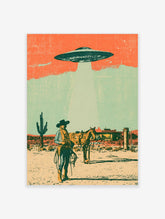 Retro UFO cowboy poster with green saucer, light beam, desert cowboy, horse and cactus