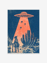Retro UFO cowboy poster with alien beam abducting cacti in desert