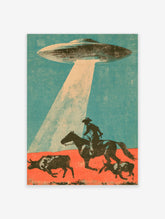 Retro UFO poster with flying saucer beaming light over cowboy on horseback and running cattle on orange ground