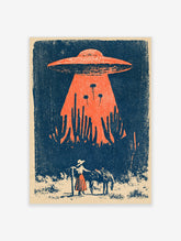 Retro UFO desert poster with cowgirl, horse, saguaro cacti and orange beam on navy background