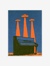 Retro sci-fi poster of a grand piano under three orange UFOs with light beams on a blue starry background
