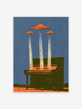 Retro UFO poster with three orange flying saucers beaming light onto a grand piano against a blue background