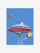 Retro UFO poster with pink flying saucer, silver tripod legs, orange planet and ringed planet on blue background