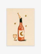 Retro wine bottle poster with smiling moon label, party hat, gold stars, and small goblet on cream background