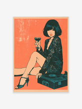 Retro illustration of a woman with a cocktail and record player against a vibrant orange background