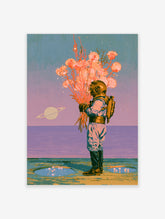 Retrofuturist astronaut holding coral bouquet poster with ringed planet and purple sea