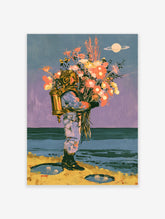 Retrofuturist astronaut in brass diving suit holding glowing flowers on a beach with ringed planet and jellyfish