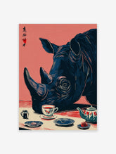 Rhinoceros head in blue, with a tea cup and pot in red and white, on a pink background, Japanese style print