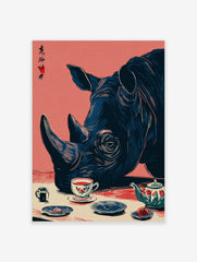 Rhinoceros head in blue, with a tea cup and pot in red and white, on a pink background, Japanese style print